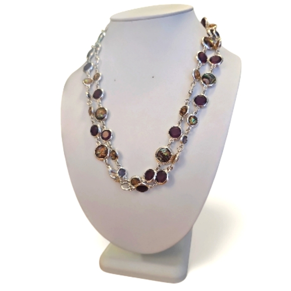 Anne Klein MultiColor SilverTone Bezel Station Link Abalone Purple Blue Necklace - Picture 4 of 8